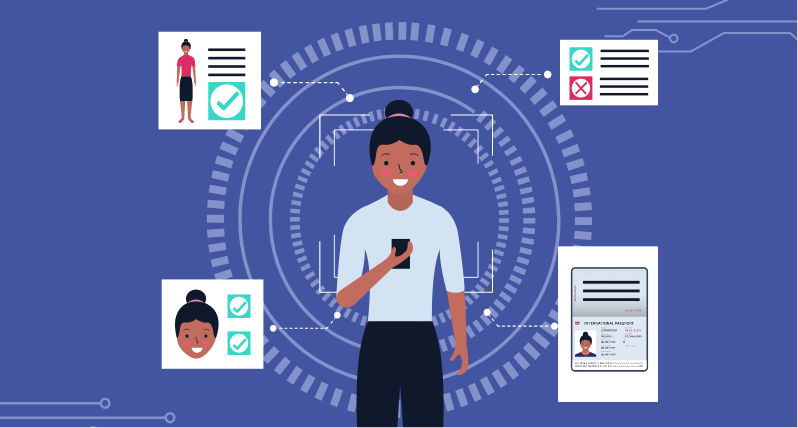 Illustration showing a woman on her phone for an identity check to prove compliance 