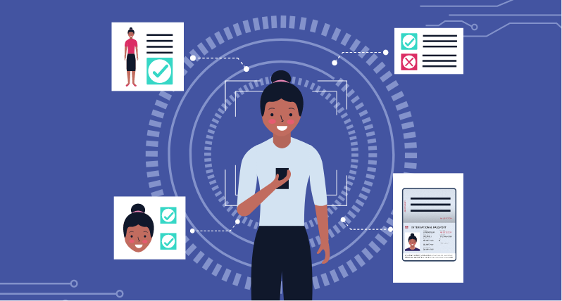 Illustration showing a woman on her phone for an identity check to prove compliance