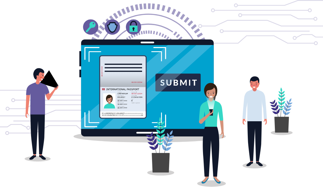 Illustration showing a man and a woman on their phones next to an identity document scanner