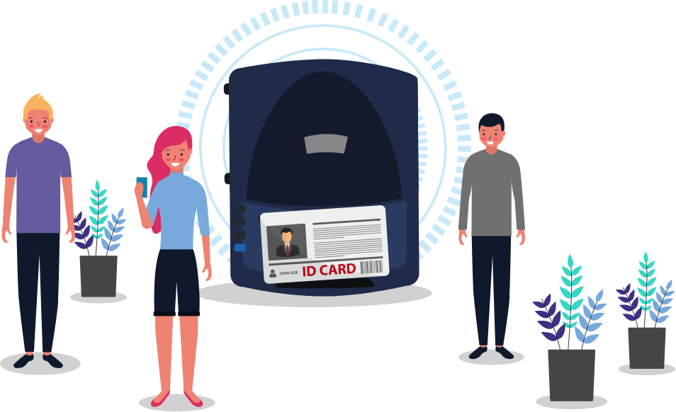 Illustration showing a man and a woman on their phones next to an identity document scanner
