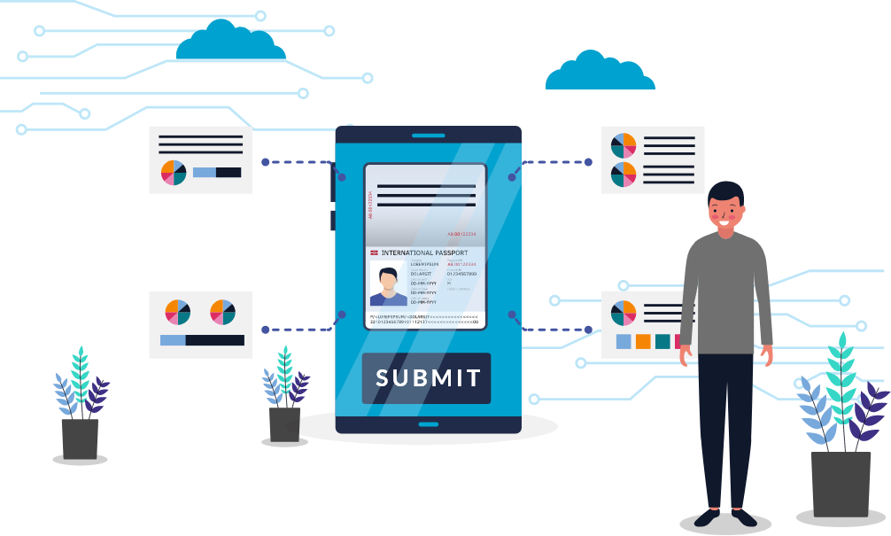 Illustration showing a man next to an identity document scanner