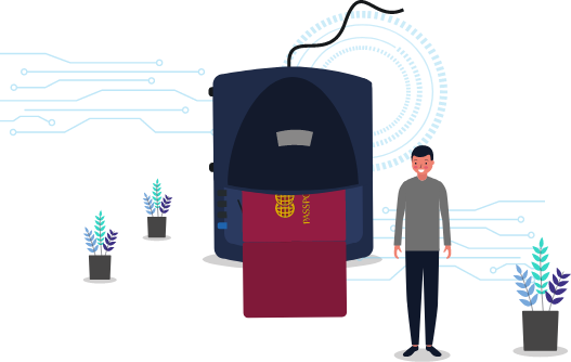 Illustration of a man next to a passport and passport scanner 