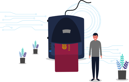 Illustration of a man next to a passport and passport scanner