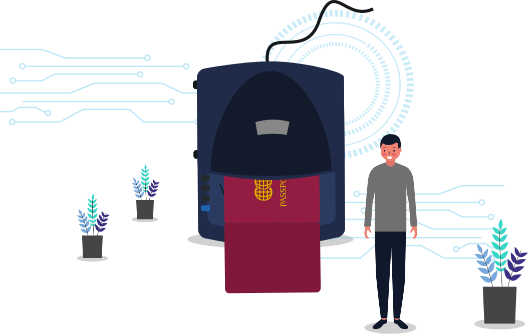 Illustration of a man next to a passport and passport scanner