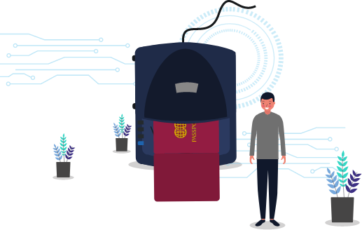 Illustration of a man next to a passport and passport scanner