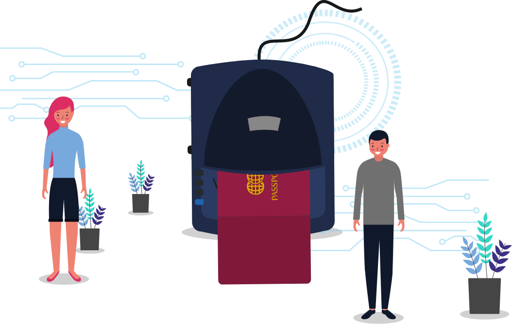 Illustration showing a man next to a passport scanner