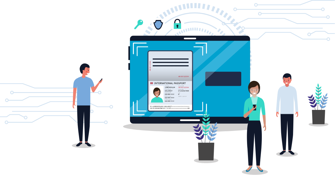 Illustration of a man and a woman on their phones participating in identity document checks