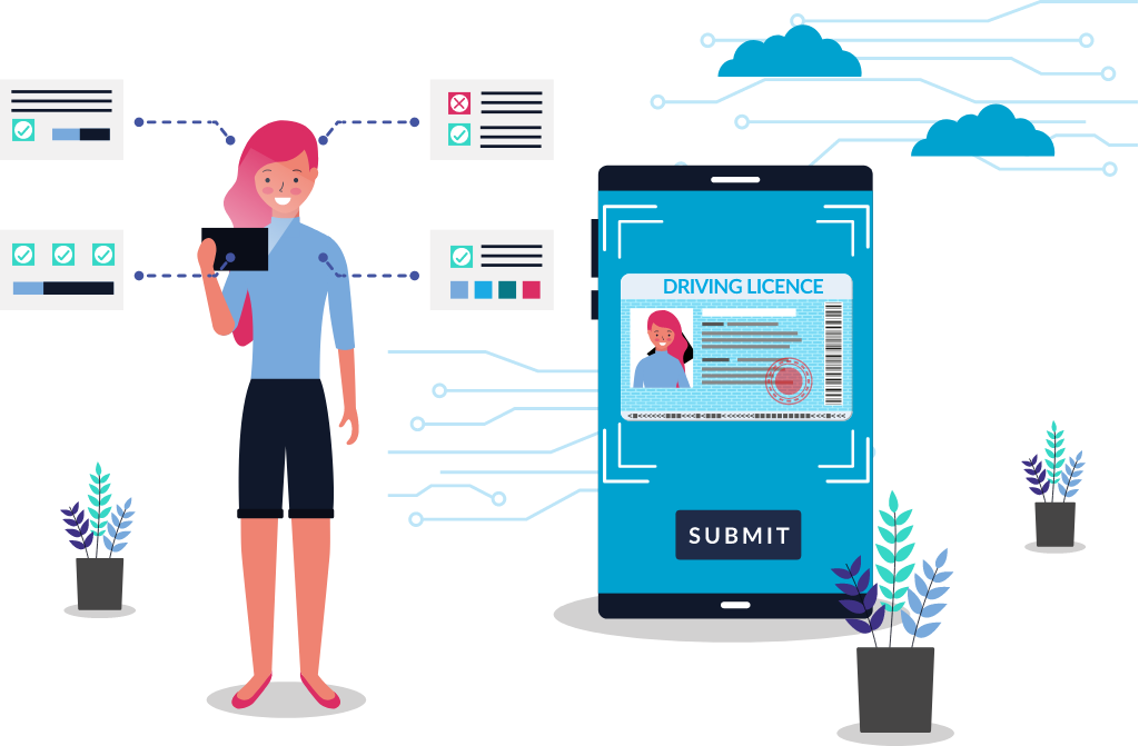 Illustration showing a woman on her phone for an identity check to prove compliance