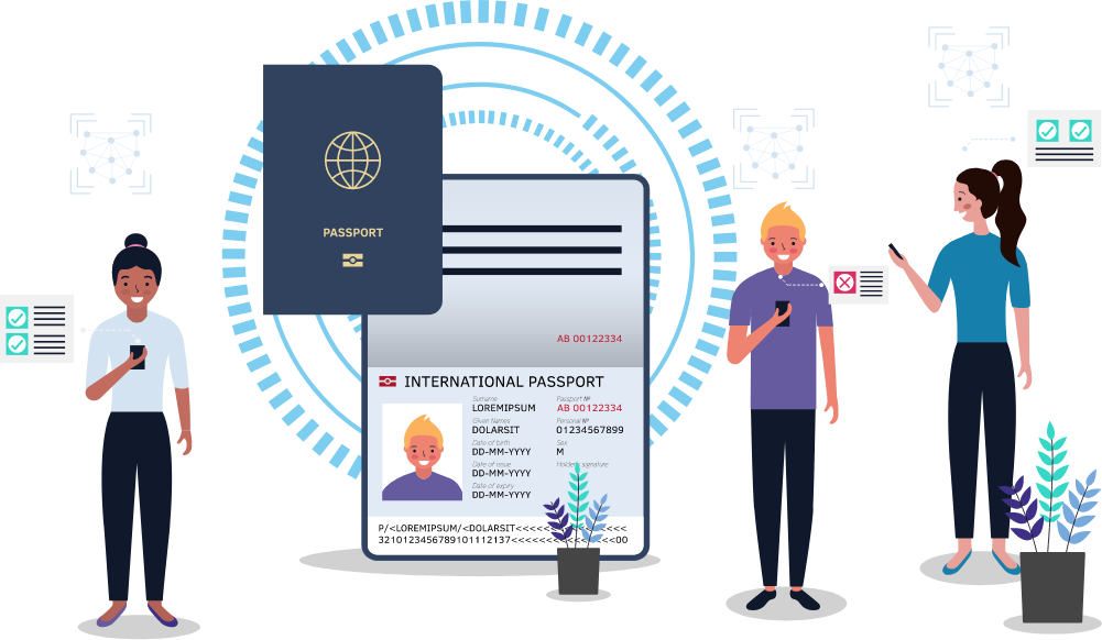 Illustration of a group of people next to a passport