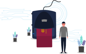Illustration showing a man next to a passport scanner 